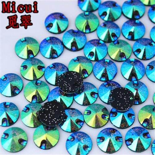 Micui 100PCS Round AB Black Resin Rhinestone Crystal Stones Flatback Beads Sew On With 2 Holes For Crafts Garment decorate ZZ701