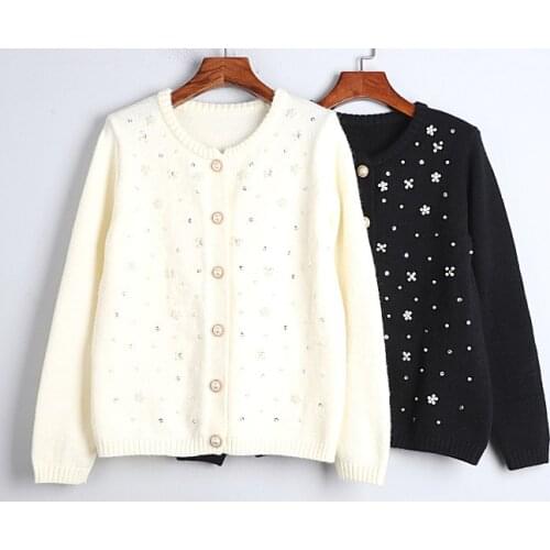 1101 2020 Autumn Sweater Free Shipping Crew Neck Long Sleeve Kint Beads Black White Fashion Womens Clothes S m L dl