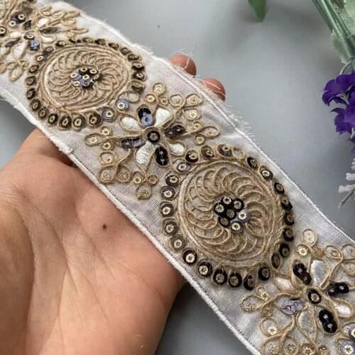2 Yards White 55mm Ethnic Gold Thread Sequins Webbing Ribbon Tape Shoes Dress Embroidered Lace Trims DIY Sewing Accessorie