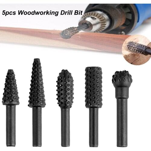 5pcs 1/4" Rotary Rasp File Woodworking Drill Bit Set Shank Rotary Craft Files Rasp Burrs Grinding Power Woodworking Hand Tool
