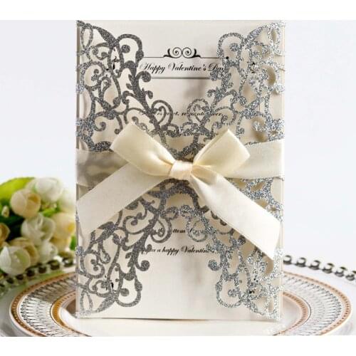 50pcs Blue Gold Silver Glitter Paper Laser Cut Wedding Invitations Card Custom Printable With Ribbon Envelope Wedding Decoration