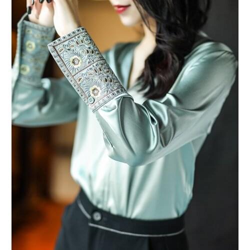 Real Silk Blouse for Women Spring Autumn 2021 Office Lady Tops Female Vintage Elegant Shirts for Women Chemise Femme Zjt2357