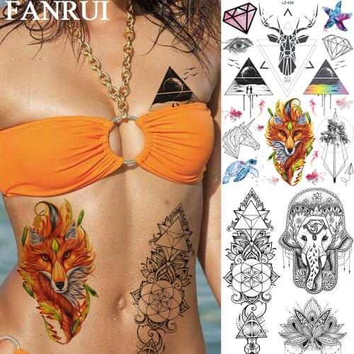 FANRUI Tribal Wolf India Totem Henna Temporary Tattoo Sticker Henna Geometric Pine Tree Fake Tatoo Cute Body Art Arm Custom Tato