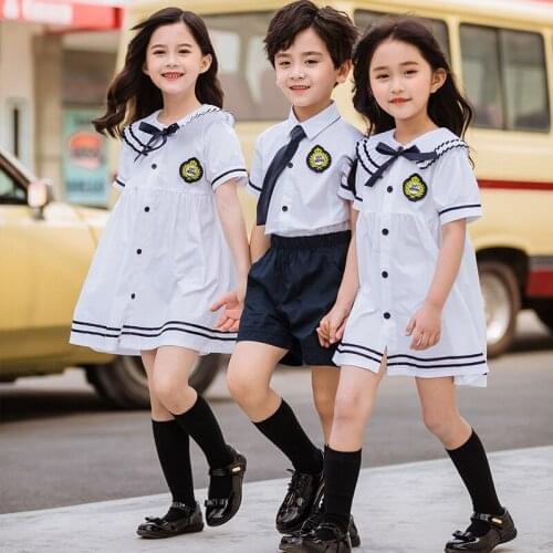 Summer Kids Clothing Set Korean School Style Suits For Boys Girls Baby Girls Lapel Striped Dress White Shirt Shorts Boy 2pcs Set