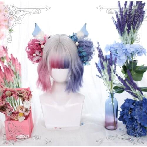 Short Wavy Female Bangs Lolita Wig Purple Pink Greyish Colorful Gradual Change Women Slight Curly Wigs Ball-Flower Cosplay Party