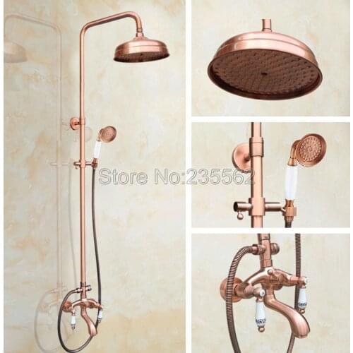Red Copper Bathroom Dual Ceramic Lever Rain Shower Faucet Set W/ Bathtub Mixer Taps + Ceramic Handheld Shower lrg534
