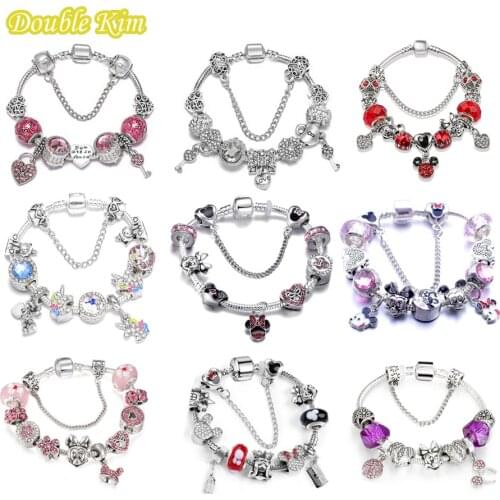 Cartoon Style Charms Bracelet Mouse Dream Catcher Key Lock Heart Shaped for Women Glass Beads Brand Bracelets Bangle DIY Jewelry