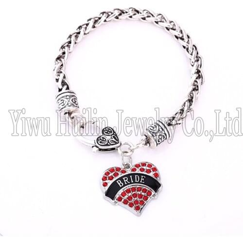 BRIDE Awareness Alert Crystal Heart Silver plated Charm With 7.5" Wheat Chain Lobster Claw Bracelet