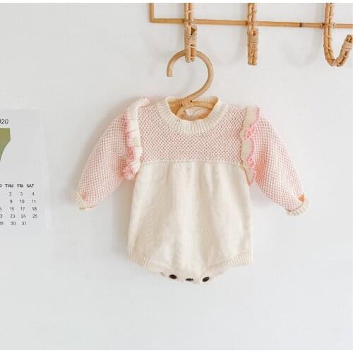 Autumn New Kids Girls Stitching Knit Long Sleeve Romper