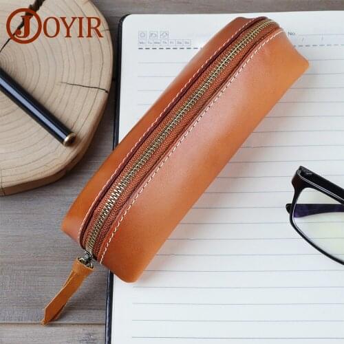 JOYIR Retro Genuine Leather Pencil Bag Coin Purse Glasses Bag Zipper Pen Case School Bag Glasses Case Office Stationery Gift