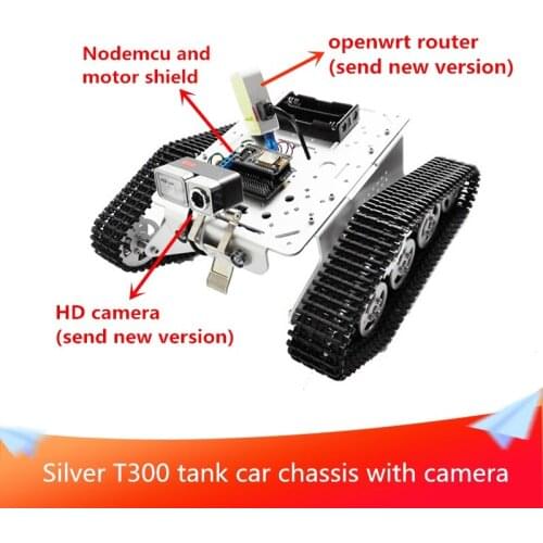 Silver T300 Tank Car Chassis WiFi Video Robot Tracked Tank Car Remote Control Kit Camera,Nodemcu and Motor Shield DIY RC Toy