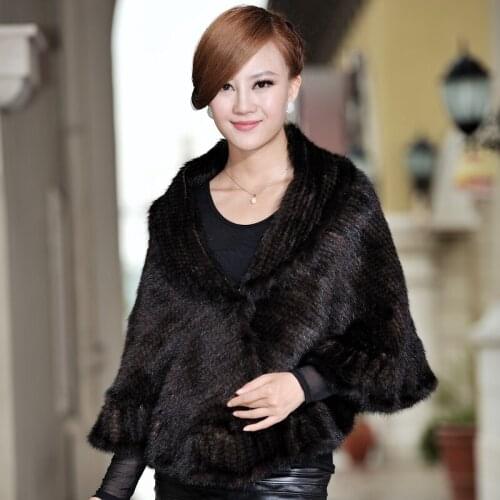 Autumn Winter Womens Genuine Natural Knitted Mink Fur Shawl Ruffle Hem Wraps Lady Pashmina Poncho VF0345