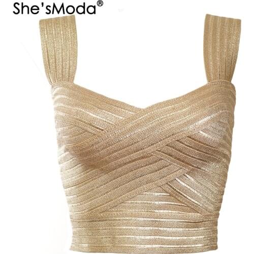 ShesModa Luxury Golden Bandage Slim Sleeves Womens Spandex 2020 New Summer Cropped Tops Vest Tank Party Bachelorette Plus Size