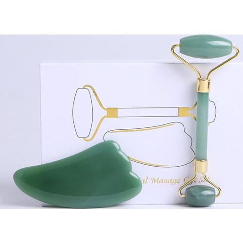 Aventurine Jade Gouache Scraper Face Massage Roller Set Natural Gouache Stone Gua Sha Scraper Jade Roller Facial Massager Gift