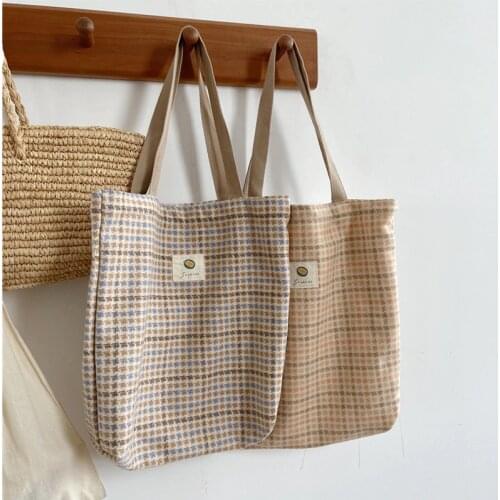 Warm Winter Women Woolen Canvas Bags Vintage Plaid Female Casual Tote Soft Cloth Handbag Ladies Striped Pattern Shoulder Bag