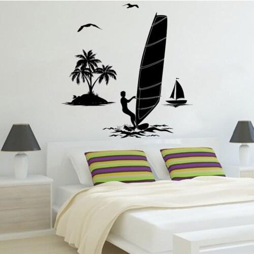 Windsurfing Wall Sticker Seagull Vinyl Decal Windsurfer Mural Boys Room Decor Boat Watercraft Islands Home Decoration O189