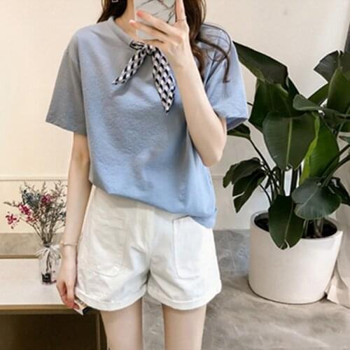 Hot 2019 Women T-shirt Tie Bow Round Collar Summer Solid Color Loose Short Sleeve Casual Simple Wild T-Shirt