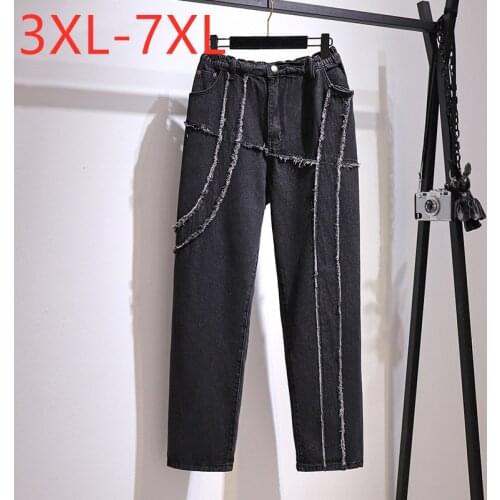 New Ladies Spring Autumn Plus Size Long Jeans For Women Large Loose Straight Cotton Pocket Gray Denim Pants 3XL 4XL 5XL 6XL 7XL