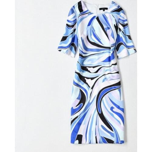 New Arrival Geometric Print Women Dress Fashion O-Neck Sheath Work Dresses D4196