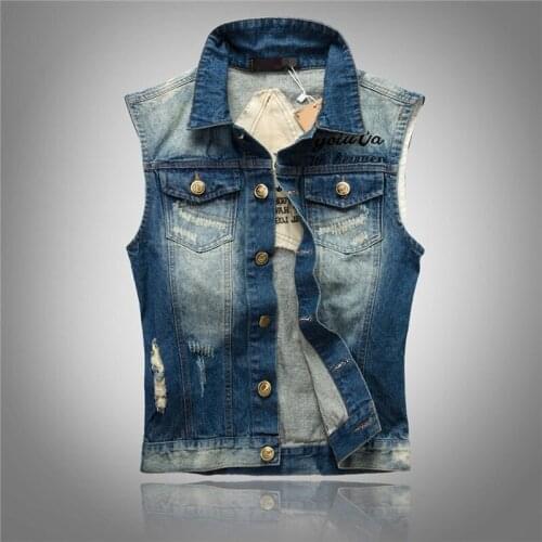 5XL Brief Blue Mens Summer Vest Korean Slim Sleeveless Denim Vests For Men Single-breasted Hole 95%Cotton Jeans Waistcoat Male