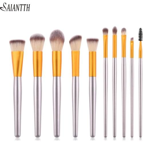 Saiantth 10pcs Champagne gold makeup brushes wood handle powder blush foundation eyeshadow eyebrow eyelashes cosmetic beauty kit