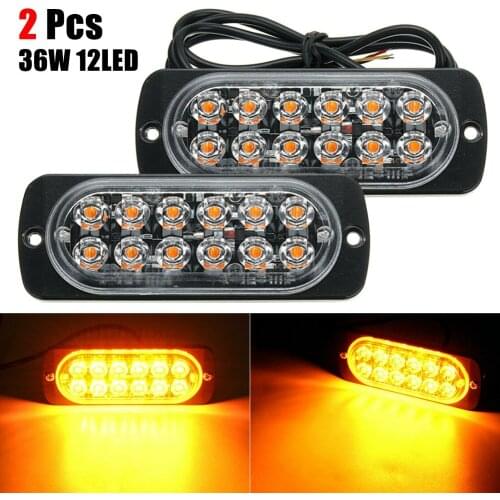 2Pcs Amber 12 LED 36W 6500k Light Bar Car Truck Hazard Beacon Warning Lamp Grill Breakdown DC12V Amber Led Lamp Accessories
