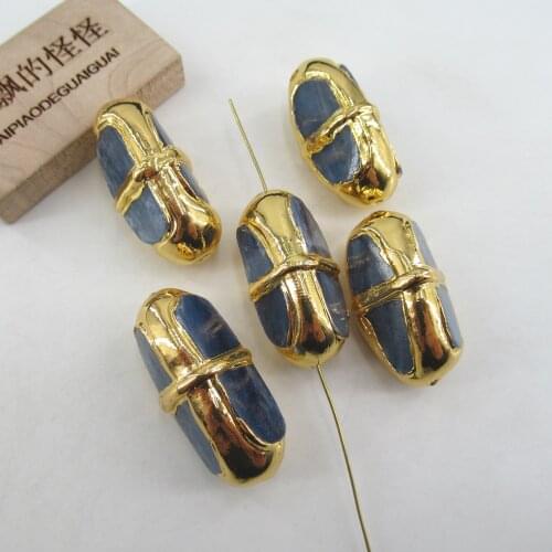 5 PCS Natural Blue Kyanite Faceted Oval Rectangle Gold Plated Nugget Beads Jewelry Making DIY