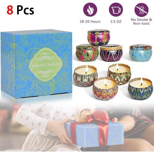 8pcs Aromatherapy Candles Natural Soy Wax Travel Tin Can Home Decoration Smoke-free Environmental Protection
