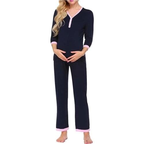 Pregnant Womens Long Sleeve Breast Feeding Nightwear Nursing Suits Adjustable Pajamas Set Maternity Sleepwear Breastfeeding