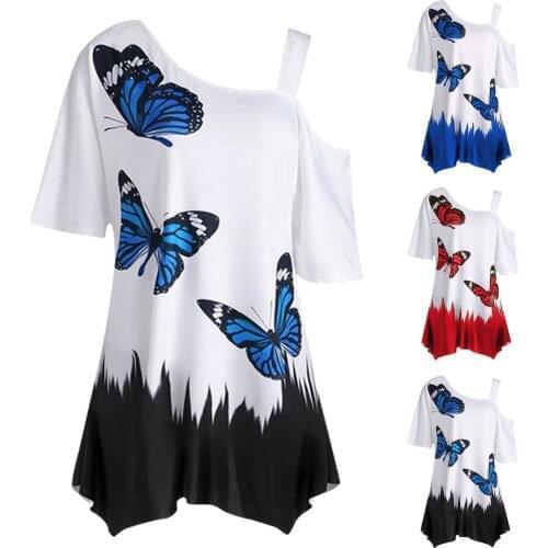 5xl Blouse Womens Summer Shirt Plus Size Women Butterfly Print Top Cold Shoulder Short Sleeve Tunic Tee Top Футболка 2021
