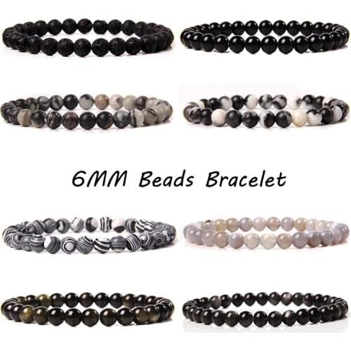 Black White Grey 6MM Beads Bracelets For Women Men Natural Stone Obsidian Hematite Lava Minimalist Solemn Cool Formal Jewelry