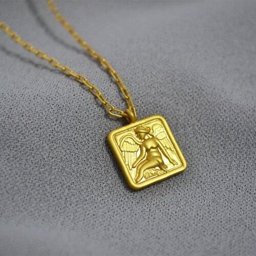 Europe and the United States original retro frosted matte gold angel wing square pendant metal cold wind necklace