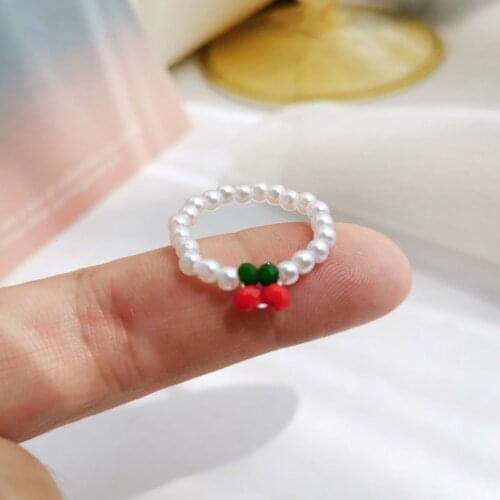 Simple Simulated Pearl Bead Rings Cute Minimalist Cherry Elastic Ring For Women Party Gift Adjustable Jewelry