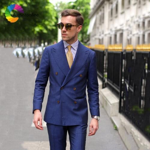 Classic Royal Blue Men Suits for Business Peaked Lapel Slim Fit Groom Tuxedos Double Breasted Men Costume 2 Pieces Jacket Pants