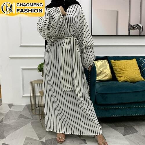 Middle East Fashion Casual Striped V Neck Long Sleeve Muslim Women Dress Maxi Islamic Clothing Turkish Robe Kaftan Dubai Abaya
