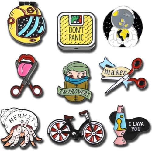 Soft Enamel Pins Space helmet Weight scale scissors lapel Pin Brooches for women Introverted boy Lava lamp Couple Jewelry Badge