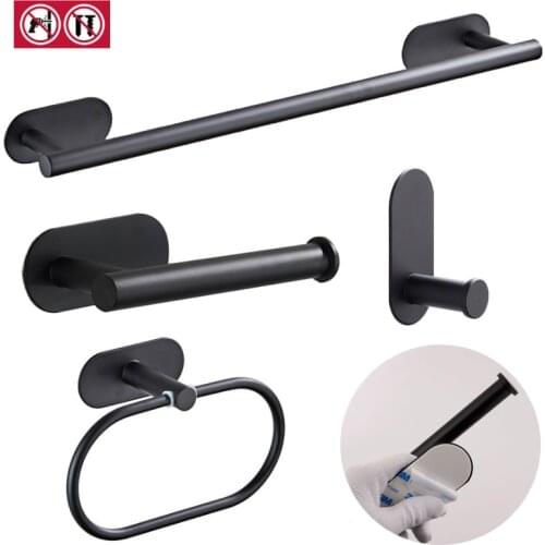 Black Bathroom Accessories Set 304 Stainless Steel Adhesive Bath Towel Bar Ring Shelf Toilet Paper Roll Holder Coat Robe Hook