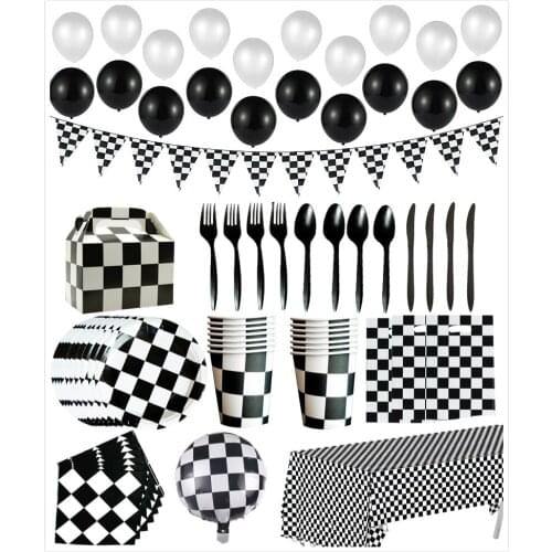Race Car Checkered Party Supplies Decoration Kit Dinnerware Black White Lattice Banner Balloons Tablecloth Tableware Birthday