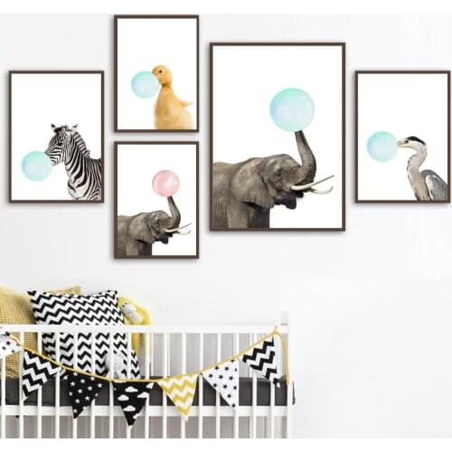 Zebra Elephant Duck Heron Chewing Gum Animal Wall Art Canvas Painting Nordic Posters And Prints Wall Pictures Kids Room Decor