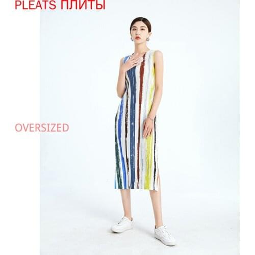 New Pleated Summer Split Vest Dress High-end Striped Sleeveless Dress Miyake PLEATS Vestido Fashion Shein