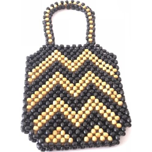 2019 new design beige black mixed color wood bead bag shoulder bags tote with water wave designs
