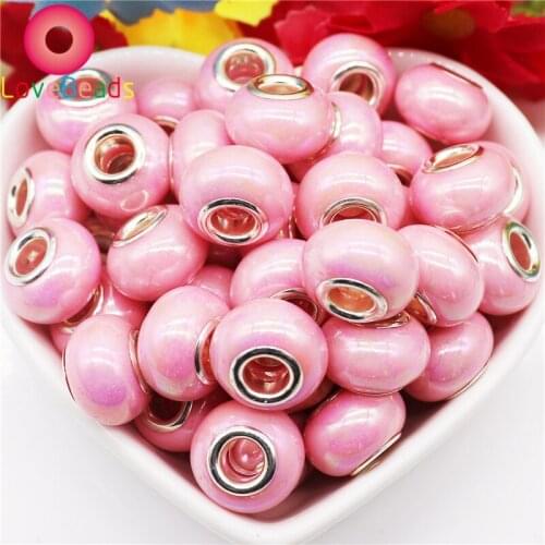 10Pcs Pink Color Silver Plated Resin Muranos Charms Large Holes European Beads Fit Pandora Bracelet Bangle Chain Jewelry Making