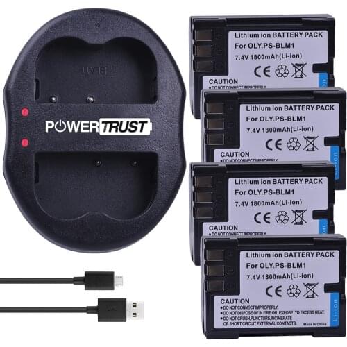 PowerTrust 4Pcs PS-BLM1 BLM1 BLM-1 Battery + Dual USB Charger for Olympus C-5060 C-7070 C-8080 E-1 E-3 E-30 E-520 EVOLT E-300