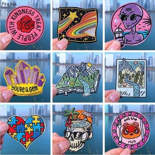 Prajna Space Mountain Patches Embroidered Patches For Clothing Applique Skull Alien Flower Iron On Patches For Clothes Badge DIY
