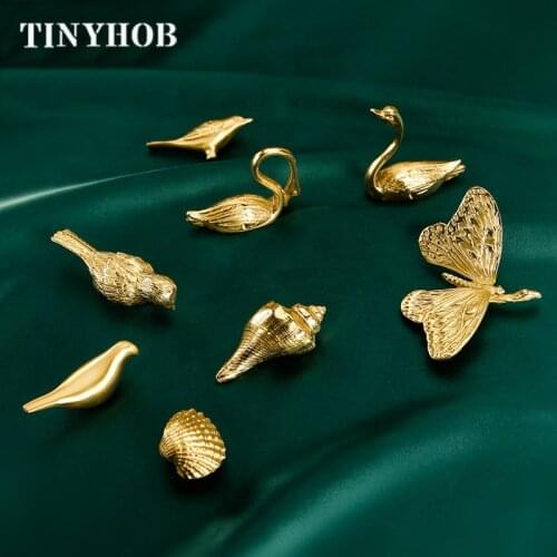 Various Brass Cabinet Door Knobs Bird Butterfly Conch Kitchen Cupboard Swan Deer Drawer Pull PVD Golden Handle for Furniture