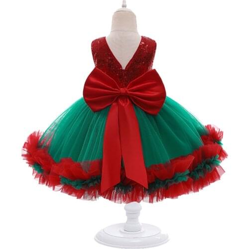 Kids Christmas Dress Cute Red Green Big Bow Sequin Tutu Dress Gown Costume for 5-6Y Children Girls Xmas Birthday New Year Partym