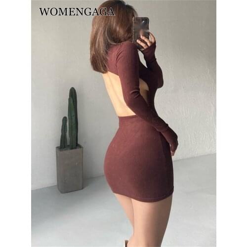 WOMENGAGA Sexy Backless Skinny Hip Knitted Mini Dress 2021 Autumn New Slim Elegant Long Sleeve Hot Korean Women Dresses KO23