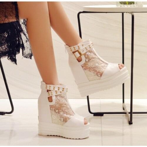 Rivet Mesh liang xue Wedge Sandals Platform Fish Mouth Shoes Platform Heels Spring and Autumn