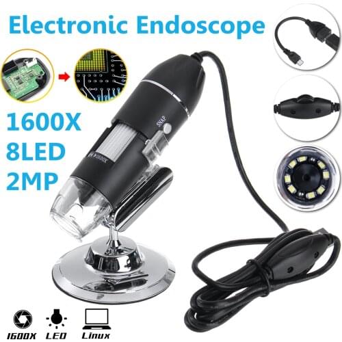 0-1600X 2MP 3 In 1 USB Type C LED Adjustable Microscope Handheld Portable Digital Microscope Interface Electron 8 LEDs +Bracket