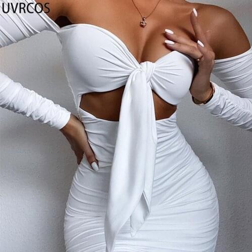 UVRCOS Womens Dress Free Shipping Lady Dresses Summer 2021 New Solid Color Chest Hollow Out Sexy Mujer Elastic Party Clothing